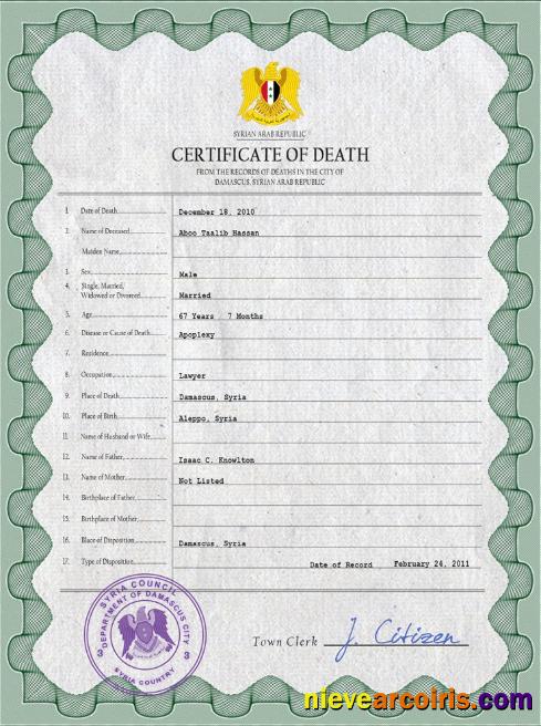 Syria vital record death certificate